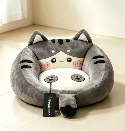 Sleepmoon Cute Cat Shaped Pet Cushions, Soft Plush Round Dog Cat Bed, Raised Rim Calming Pet Bed Cushion for Small Cats Dogs, Cozy Warm Sleeping Pet Mat