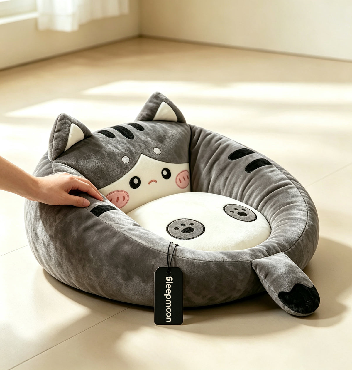 Sleepmoon Cute Cat Shaped Pet Cushions, Soft Plush Round Dog Cat Bed, Raised Rim Calming Pet Bed Cushion for Small Cats Dogs, Cozy Warm Sleeping Pet Mat