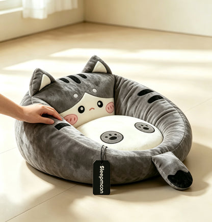 Sleepmoon Cute Cat Shaped Pet Cushions, Soft Plush Round Dog Cat Bed, Raised Rim Calming Pet Bed Cushion for Small Cats Dogs, Cozy Warm Sleeping Pet Mat