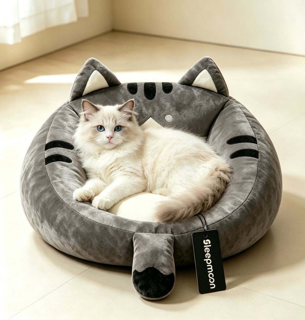 Sleepmoon Cute Cat Shaped Pet Cushions, Soft Plush Round Dog Cat Bed, Raised Rim Calming Pet Bed Cushion for Small Cats Dogs, Cozy Warm Sleeping Pet Mat