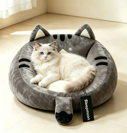 Sleepmoon Cute Cat Shaped Pet Cushions, Soft Plush Round Dog Cat Bed, Raised Rim Calming Pet Bed Cushion for Small Cats Dogs, Cozy Warm Sleeping Pet Mat