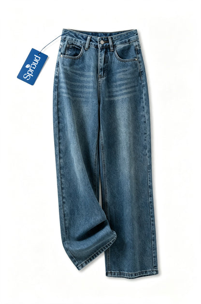 Sprbud Men Vintage Washed Wide Leg Jeans, Retro Faded Stripe Print Denim Pants, High Waist Loose Straight Baggy Denim Trousers Streetwear