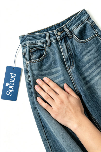 Sprbud Men Vintage Washed Wide Leg Jeans, Retro Faded Stripe Print Denim Pants, High Waist Loose Straight Baggy Denim Trousers Streetwear