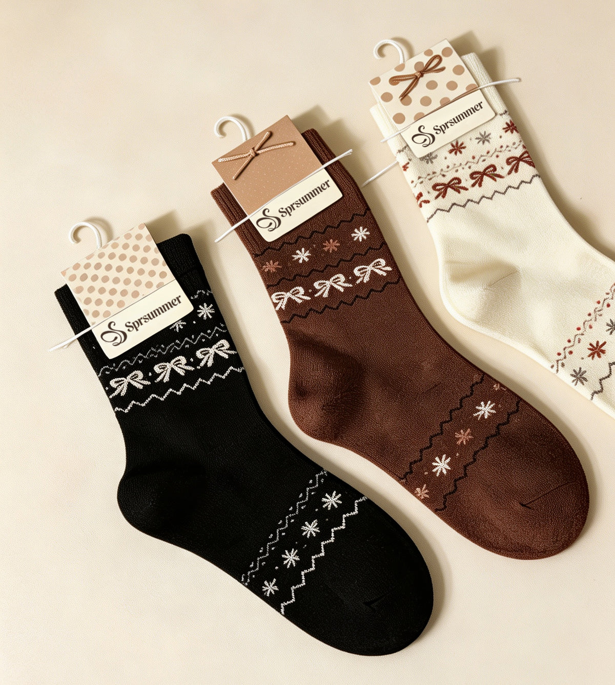 Sprsummer Women Crew Socks, 4 Pairs Bow Snowflake Jacquard Casual Cotton Socks, Vintage Fall Winter Warm Soft Mid Calf Socks for Ladies