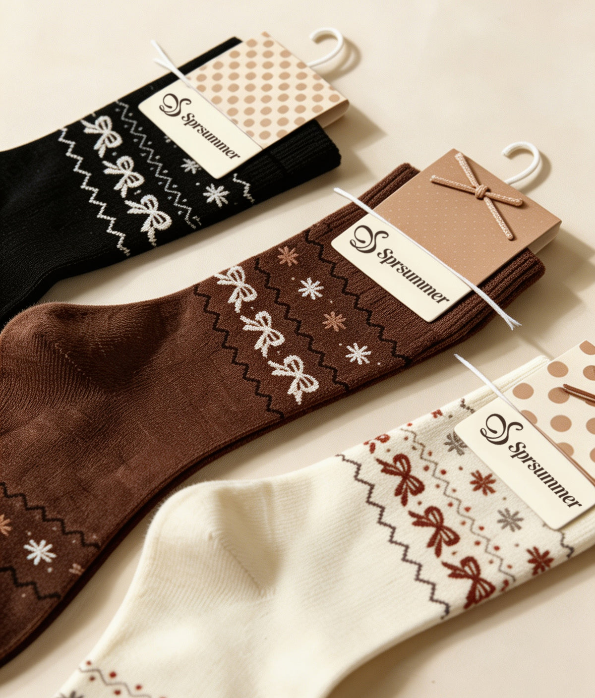 Sprsummer Women Crew Socks, 4 Pairs Bow Snowflake Jacquard Casual Cotton Socks, Vintage Fall Winter Warm Soft Mid Calf Socks for Ladies