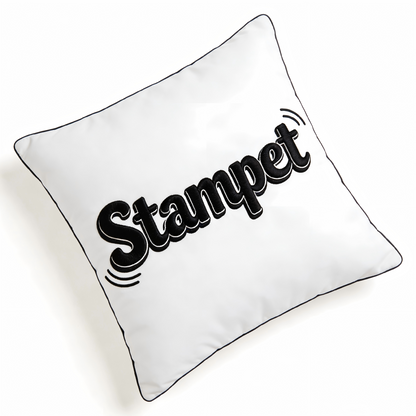 Stampet Embroidered Decorative Throw Pillow - Soft White Square Pillow with Black Piping & Retro Wave Accents for Home Decor