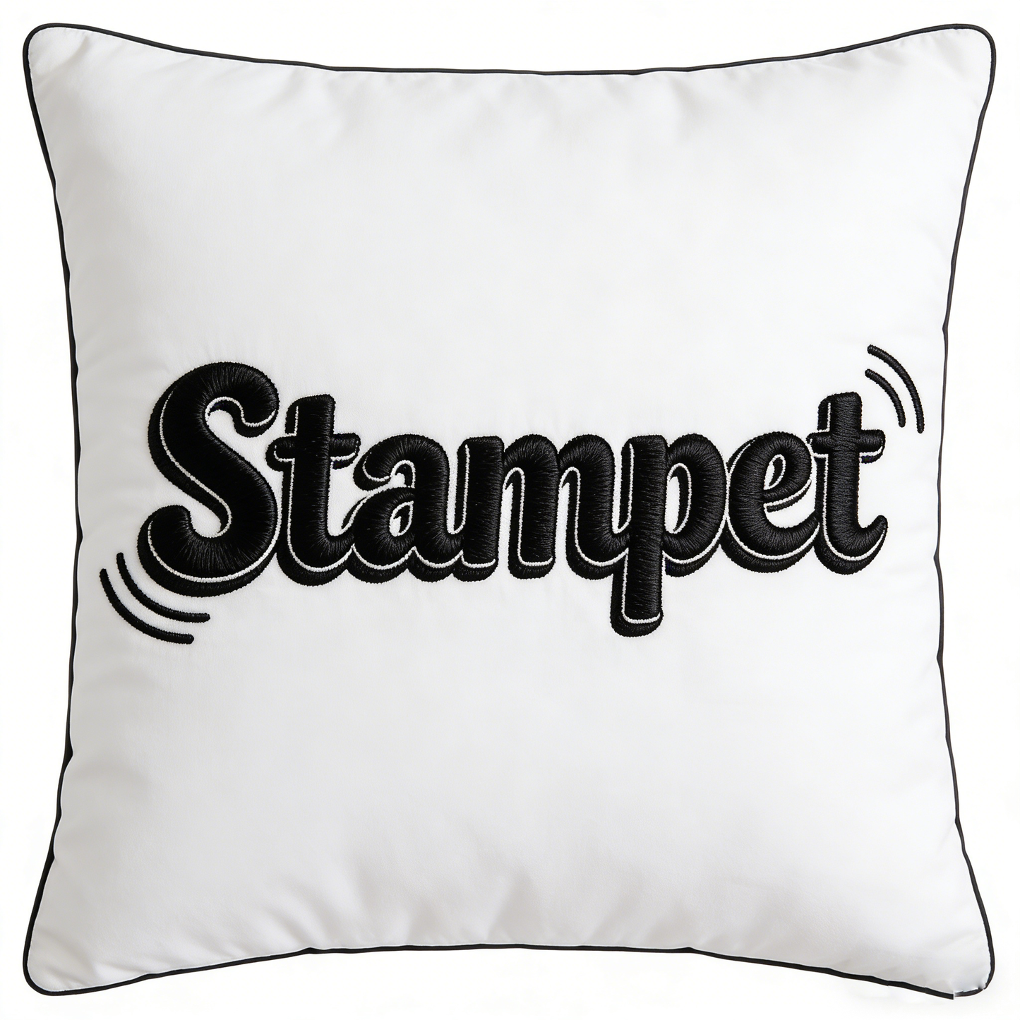 Stampet Embroidered Decorative Throw Pillow - Soft White Square Pillow with Black Piping & Retro Wave Accents for Home Decor