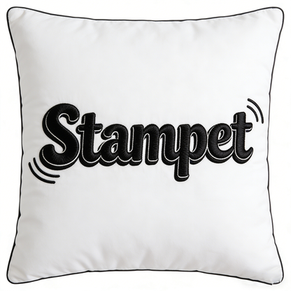Stampet Embroidered Decorative Throw Pillow - Soft White Square Pillow with Black Piping & Retro Wave Accents for Home Decor