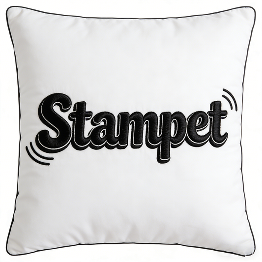 Stampet Embroidered Decorative Throw Pillow - Soft White Square Pillow with Black Piping & Retro Wave Accents for Home Decor