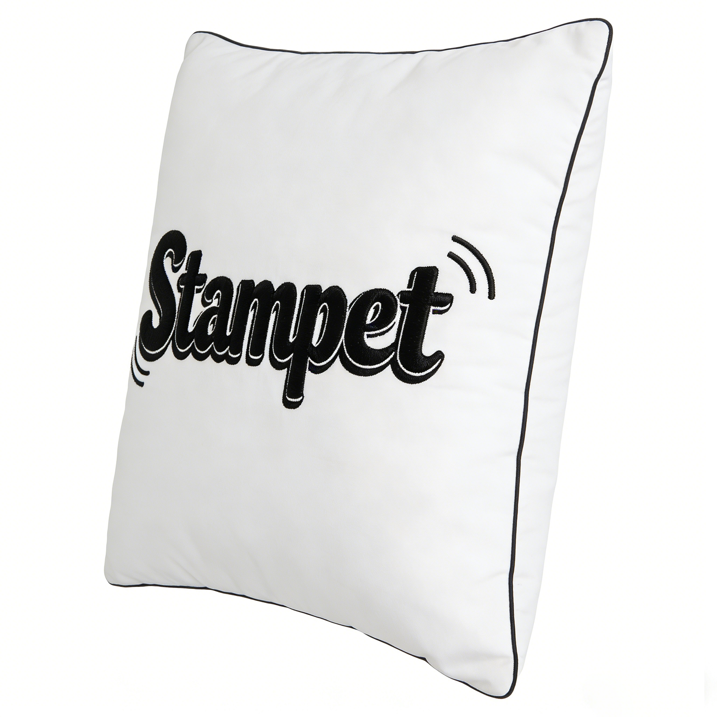 Stampet Embroidered Decorative Throw Pillow - Soft White Square Pillow with Black Piping & Retro Wave Accents for Home Decor