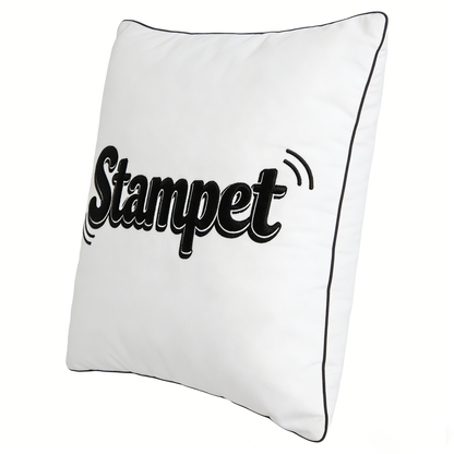 Stampet Embroidered Decorative Throw Pillow - Soft White Square Pillow with Black Piping & Retro Wave Accents for Home Decor