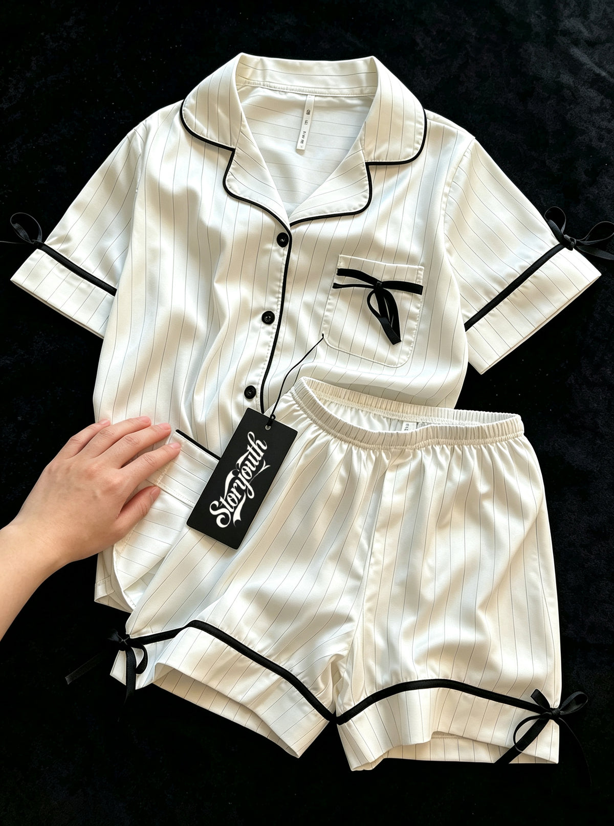 Storyouth Women Satin Sleepwear Set, Short Sleeve Button Down Top & Shorts 2 Piece Pajama, Striped Bow Decor Ladies Loungewear PJ Set