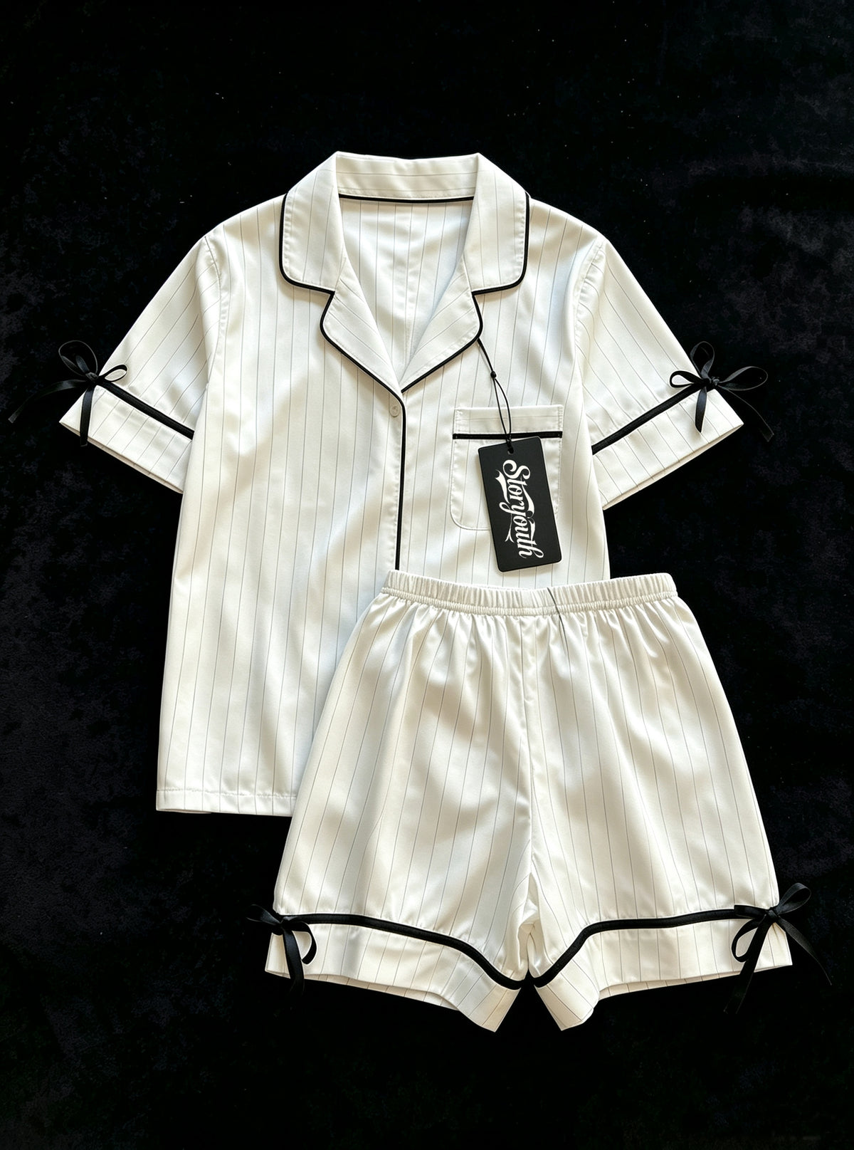 Storyouth Women Satin Sleepwear Set, Short Sleeve Button Down Top & Shorts 2 Piece Pajama, Striped Bow Decor Ladies Loungewear PJ Set