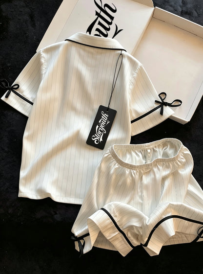 Storyouth Women Satin Sleepwear Set, Short Sleeve Button Down Top & Shorts 2 Piece Pajama, Striped Bow Decor Ladies Loungewear PJ Set