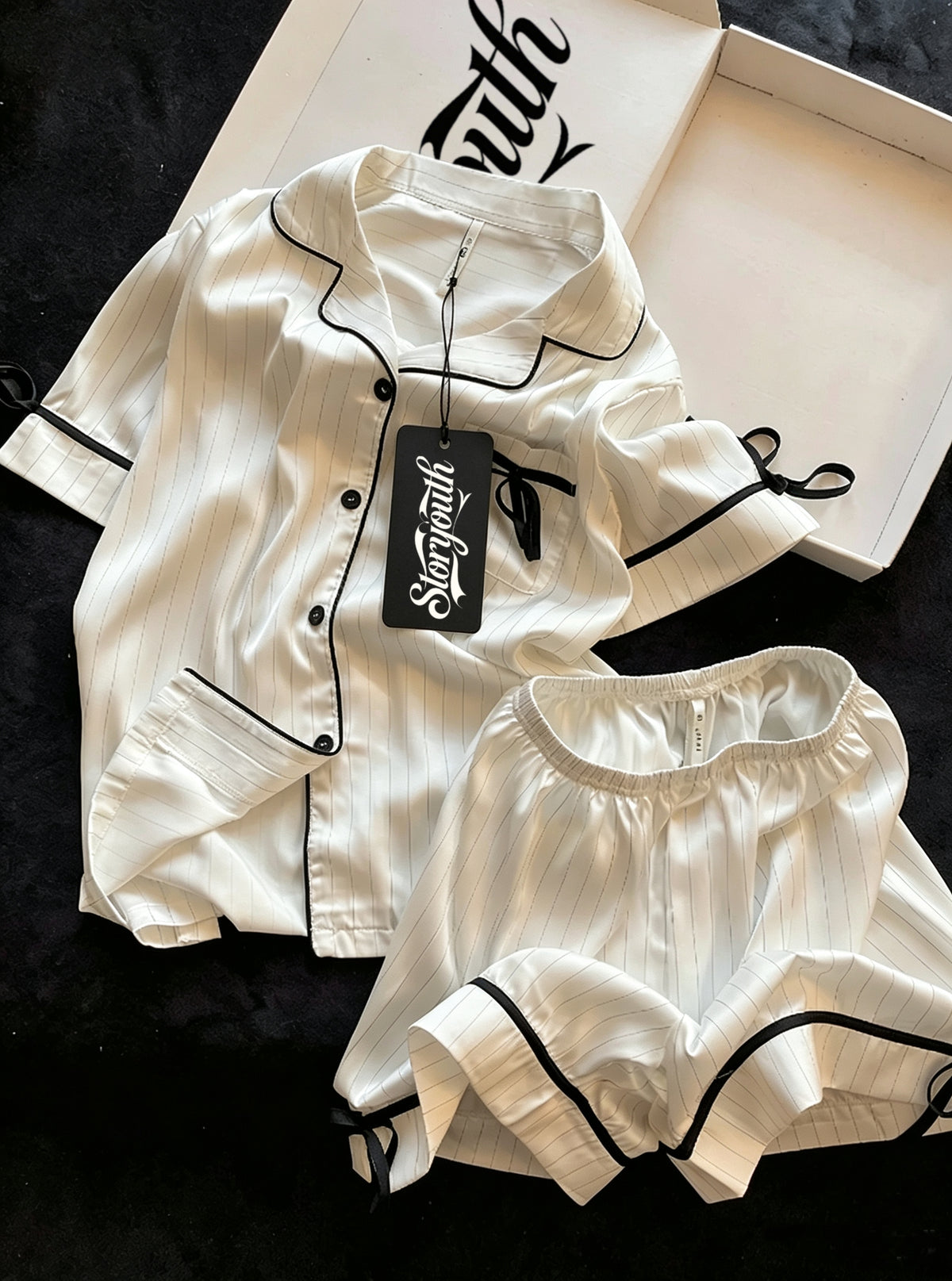Storyouth Women Satin Sleepwear Set, Short Sleeve Button Down Top & Shorts 2 Piece Pajama, Striped Bow Decor Ladies Loungewear PJ Set