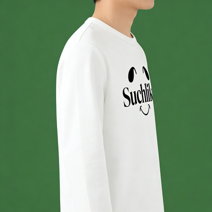 Suchlike Smiley Face Graphic Long Sleeve Crew Neck Top, Soft Casual Pullover Sweatshirt for Everyday Wear, Spring Fall Layering Essential
