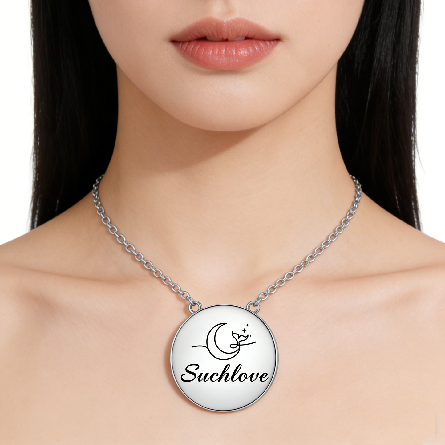 Suchlove Moon & Whale Tail Round Pendant Necklace (Luxury Sentimental Collection)
