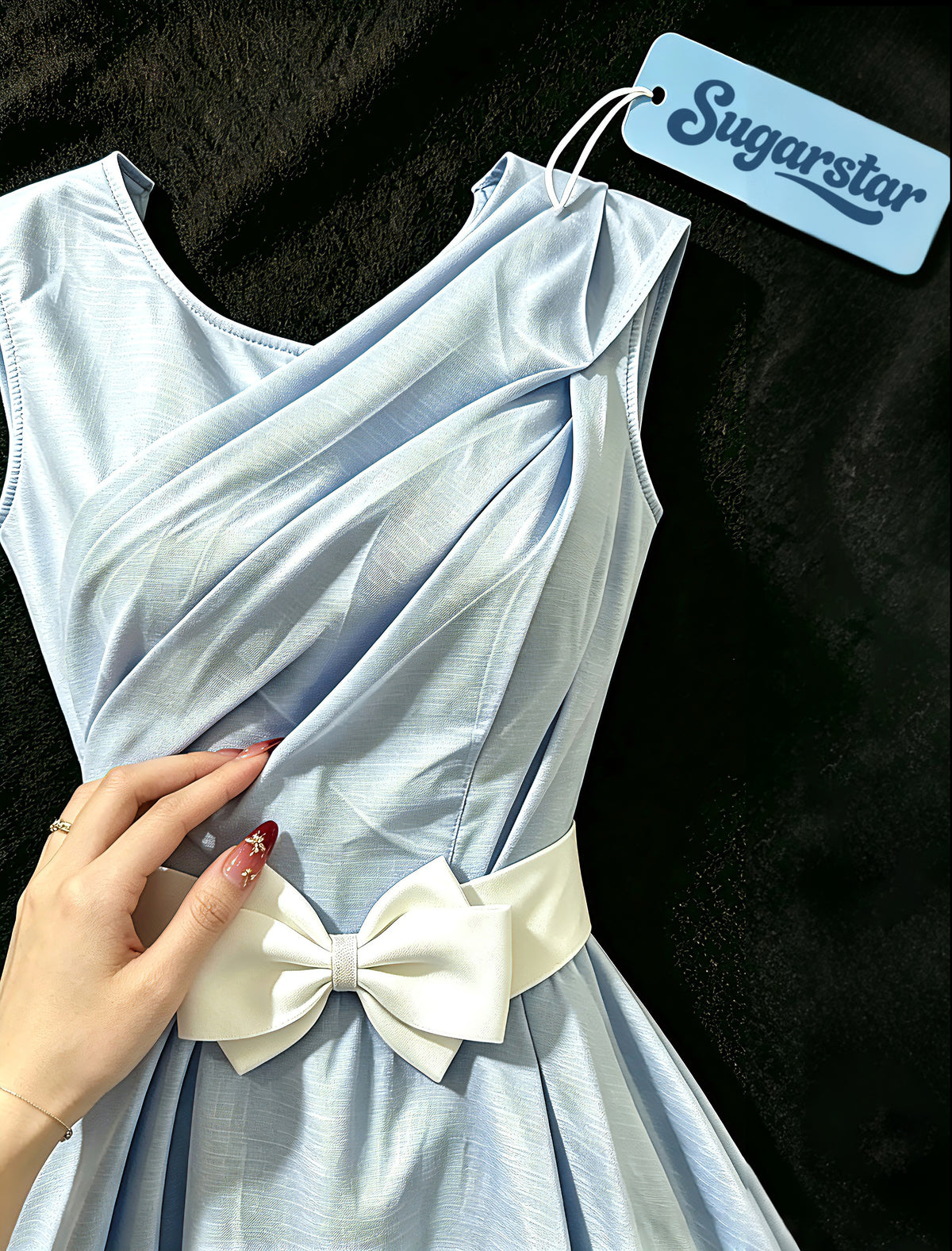 Sugarstar Women Sleeveless Cocktail Dress, Criss  Cross Ruched Bodice ALine Swing Dress with Bow Belt, Formal Party Homecoming Evening Dress