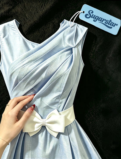 Sugarstar Women Sleeveless Cocktail Dress, Criss  Cross Ruched Bodice ALine Swing Dress with Bow Belt, Formal Party Homecoming Evening Dress