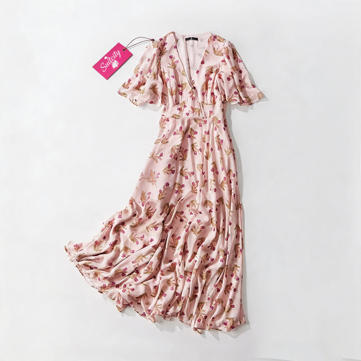 Suitcity Women Pink Floral Maxi Dress, V Neck Short Flutter Sleeve Wrap Waist Long Dress, Elegant Boho Casual Party Wedding Guest Midi Maxi Dress