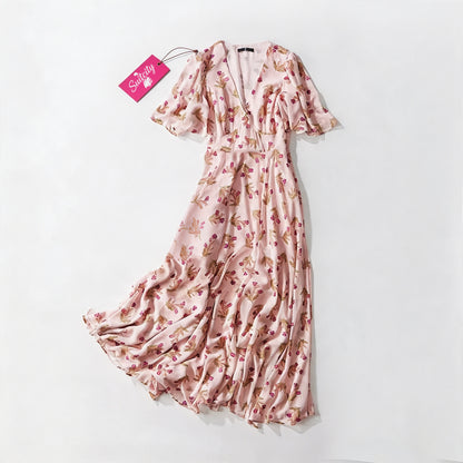 Suitcity Women Pink Floral Maxi Dress, V Neck Short Flutter Sleeve Wrap Waist Long Dress, Elegant Boho Casual Party Wedding Guest Midi Maxi Dress