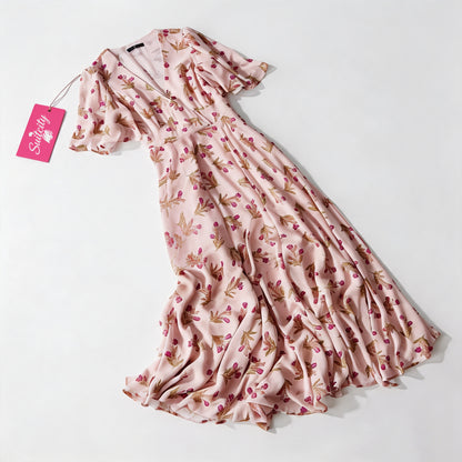 Suitcity Women Pink Floral Maxi Dress, V Neck Short Flutter Sleeve Wrap Waist Long Dress, Elegant Boho Casual Party Wedding Guest Midi Maxi Dress