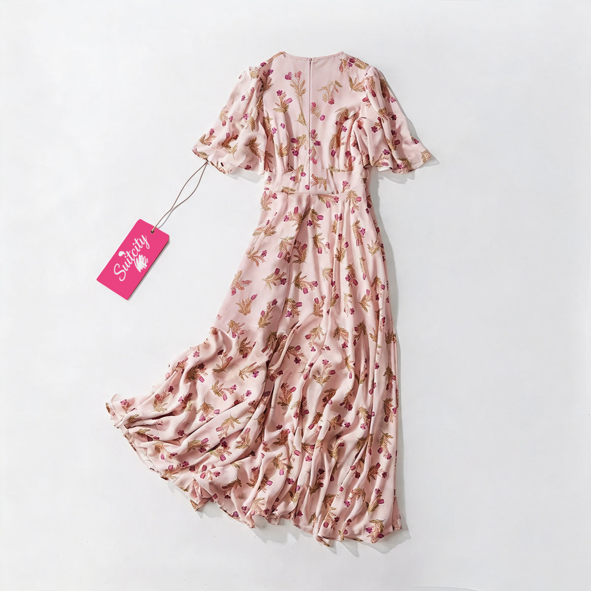 Suitcity Women Pink Floral Maxi Dress, V Neck Short Flutter Sleeve Wrap Waist Long Dress, Elegant Boho Casual Party Wedding Guest Midi Maxi Dress