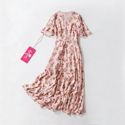 Suitcity Women Pink Floral Maxi Dress, V Neck Short Flutter Sleeve Wrap Waist Long Dress, Elegant Boho Casual Party Wedding Guest Midi Maxi Dress