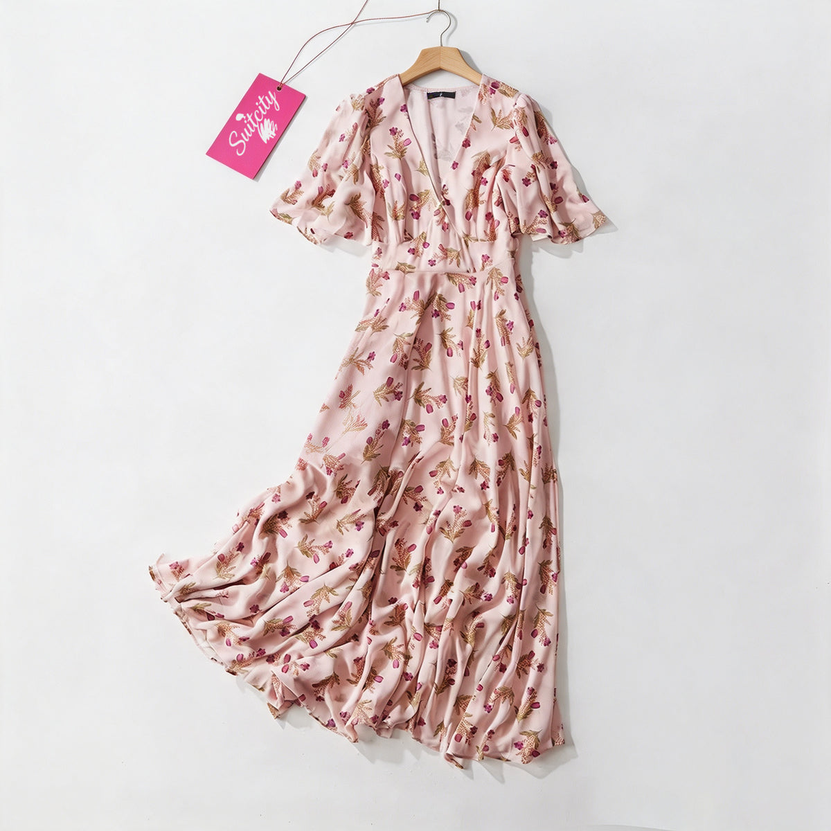 Suitcity Women Pink Floral Maxi Dress, V Neck Short Flutter Sleeve Wrap Waist Long Dress, Elegant Boho Casual Party Wedding Guest Midi Maxi Dress