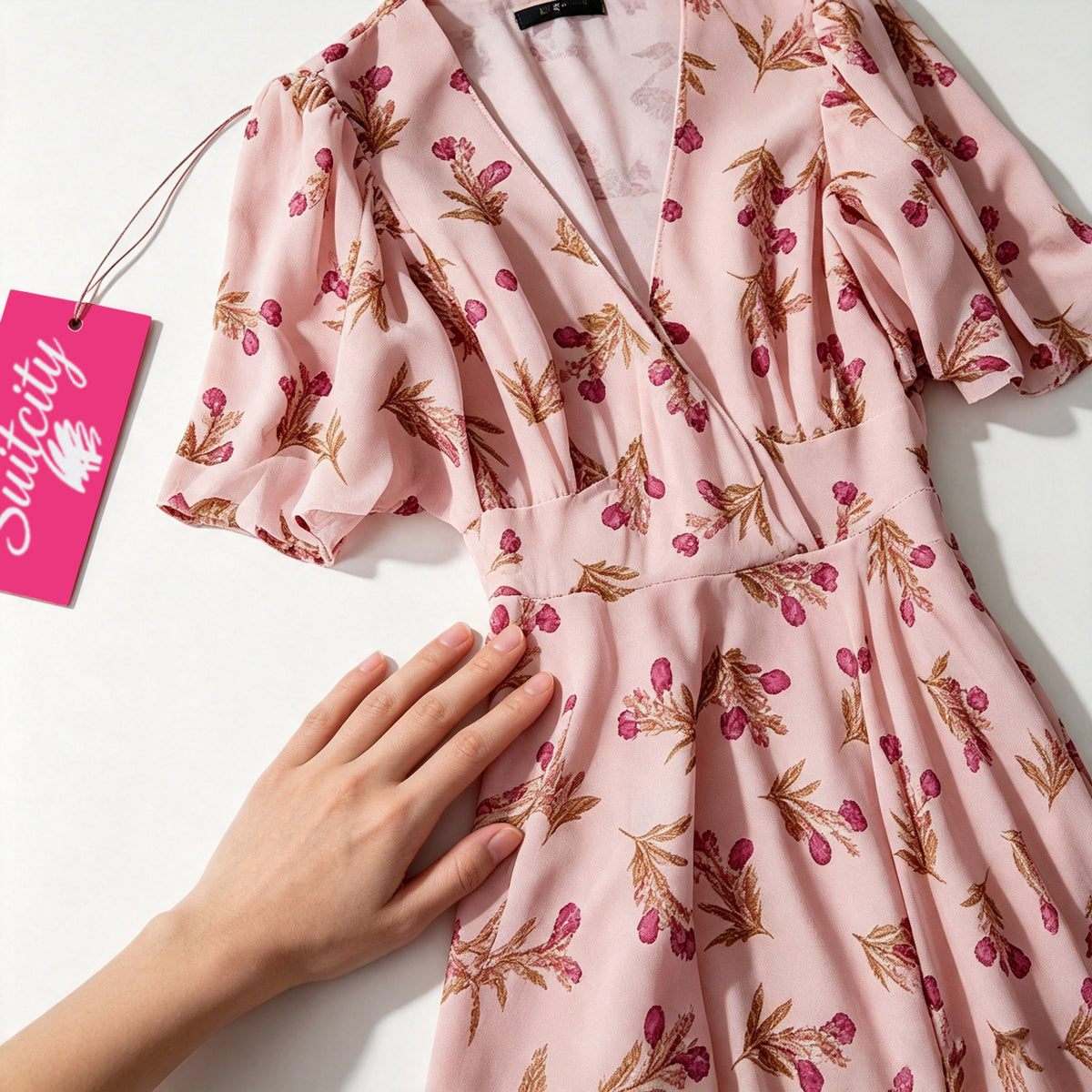 Suitcity Women Pink Floral Maxi Dress, V Neck Short Flutter Sleeve Wrap Waist Long Dress, Elegant Boho Casual Party Wedding Guest Midi Maxi Dress