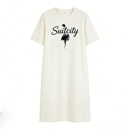 Suitcity Women's Casual Midi T-Shirt Dress, Short Sleeve Loose Fit Crew Neck Dress, Comfortable Breathable Daily Wear for Spring Summer