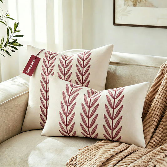 Tenspace Embroidery Leaf Throw Pillow with Insert, Farmhouse Linen Decorative Cushion, Boho Botanical Leaves Square Lumbar Pillow for Sofa Couch Bedroom Home Decor, Complete Pillow