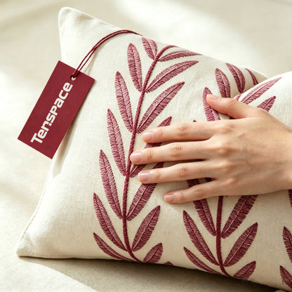 Tenspace Embroidery Leaf Throw Pillow with Insert, Farmhouse Linen Decorative Cushion, Boho Botanical Leaves Square Lumbar Pillow for Sofa Couch Bedroom Home Decor, Complete Pillow