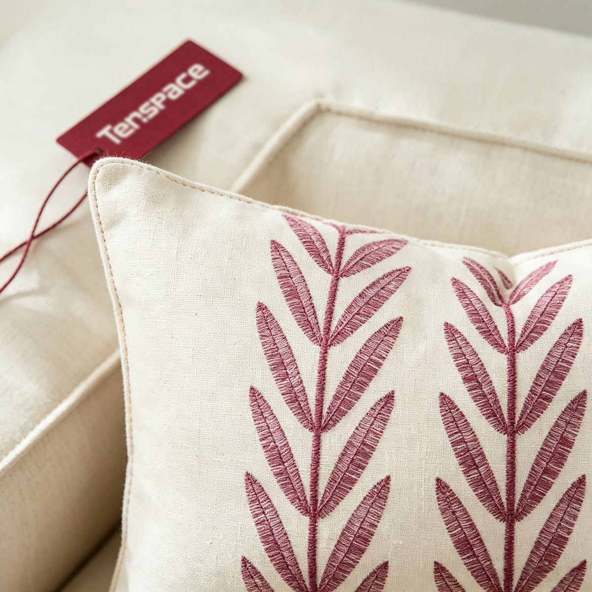 Tenspace Embroidery Leaf Throw Pillow with Insert, Farmhouse Linen Decorative Cushion, Boho Botanical Leaves Square Lumbar Pillow for Sofa Couch Bedroom Home Decor, Complete Pillow