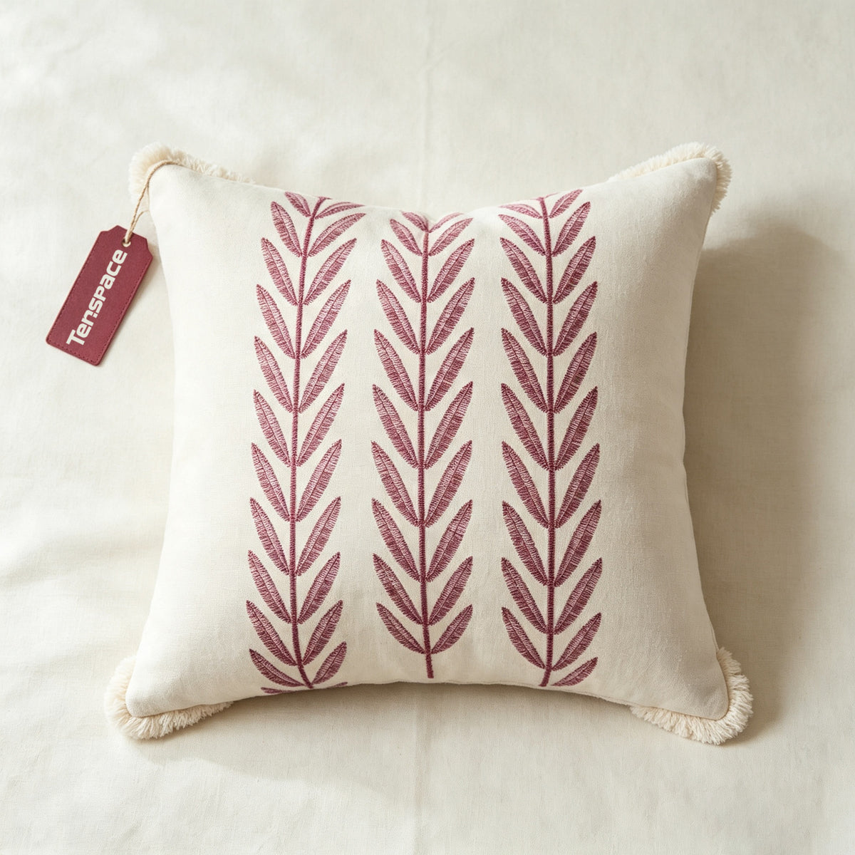Tenspace Embroidery Leaf Throw Pillow with Insert, Farmhouse Linen Decorative Cushion, Boho Botanical Leaves Square Lumbar Pillow for Sofa Couch Bedroom Home Decor, Complete Pillow