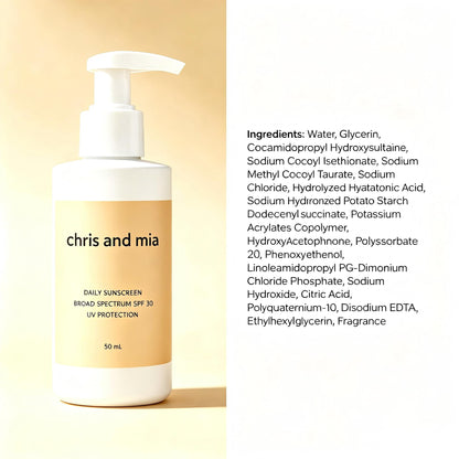 chris and mia Daily Sunscreen, Broad Spectrum SPF 30 UV Protection, Lightweight Non Greasy Sun Cream for Face, Hydrating Daily Sun Lotion, 50 mL