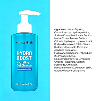 chris and mia Hydro Boost Hydrating Gel Cleanser, Gentle Daily Facial Wash with Hyaluronic Acid, Deep Cleansing Without Dryness, for Normal to Dry Skin, 7.8 FL OZ (230mL)