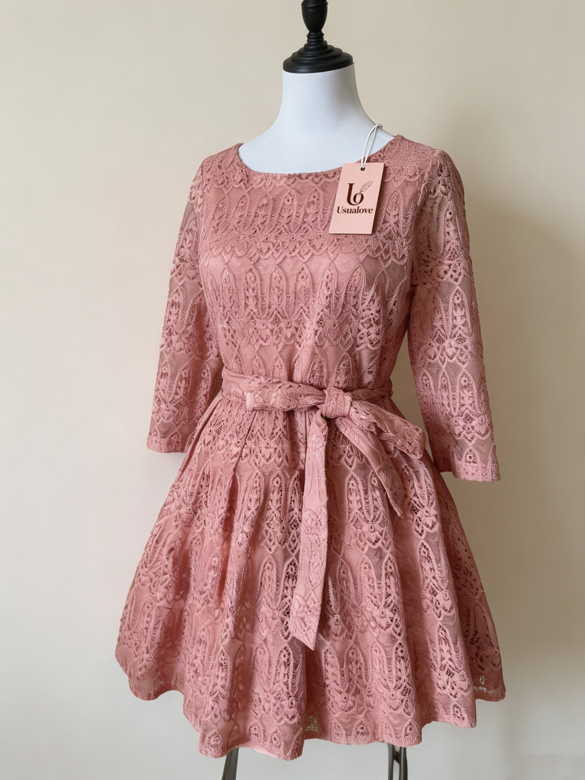 LO USUALOVE Women’s 3/4 Sleeve Lace Dress, Round Neck Tie Waist A Line Short Dress, Elegant Vintage Cocktail Party Guest Dress