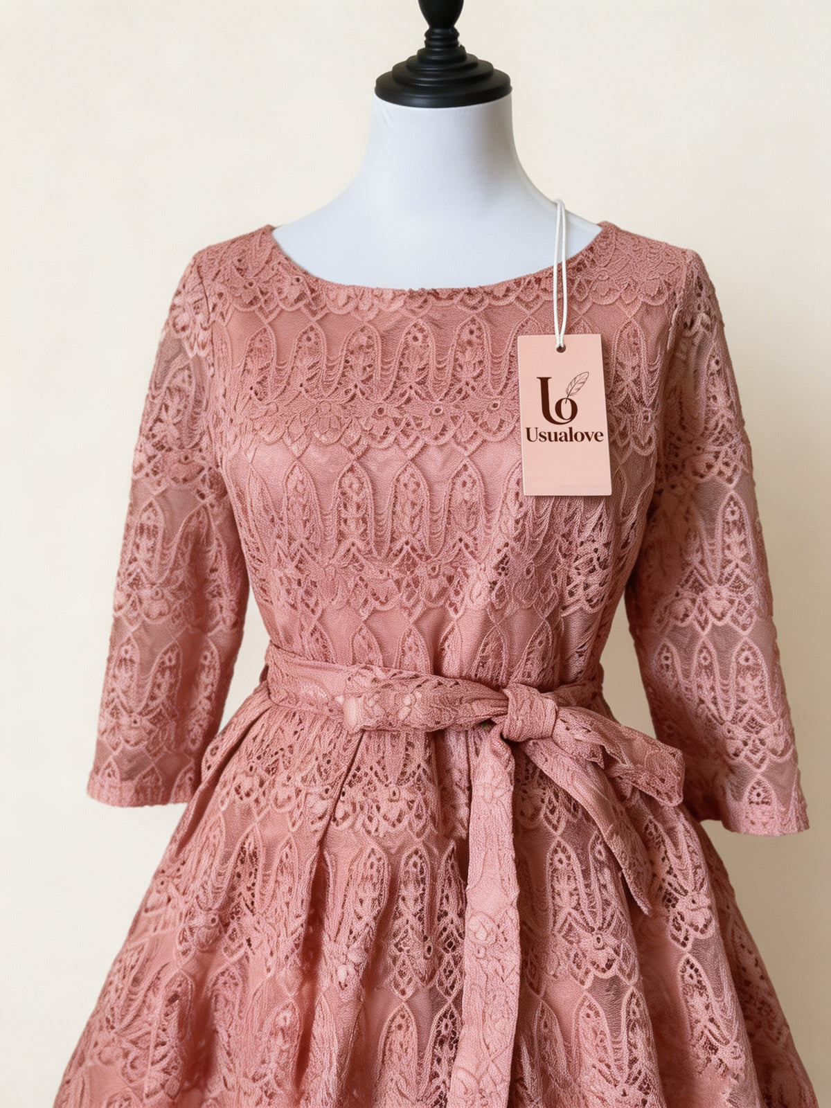 LO USUALOVE Women’s 3/4 Sleeve Lace Dress, Round Neck Tie Waist A Line Short Dress, Elegant Vintage Cocktail Party Guest Dress