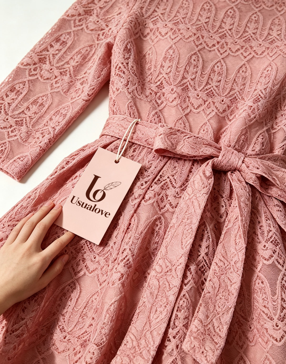 LO USUALOVE Women’s 3/4 Sleeve Lace Dress, Round Neck Tie Waist A Line Short Dress, Elegant Vintage Cocktail Party Guest Dress