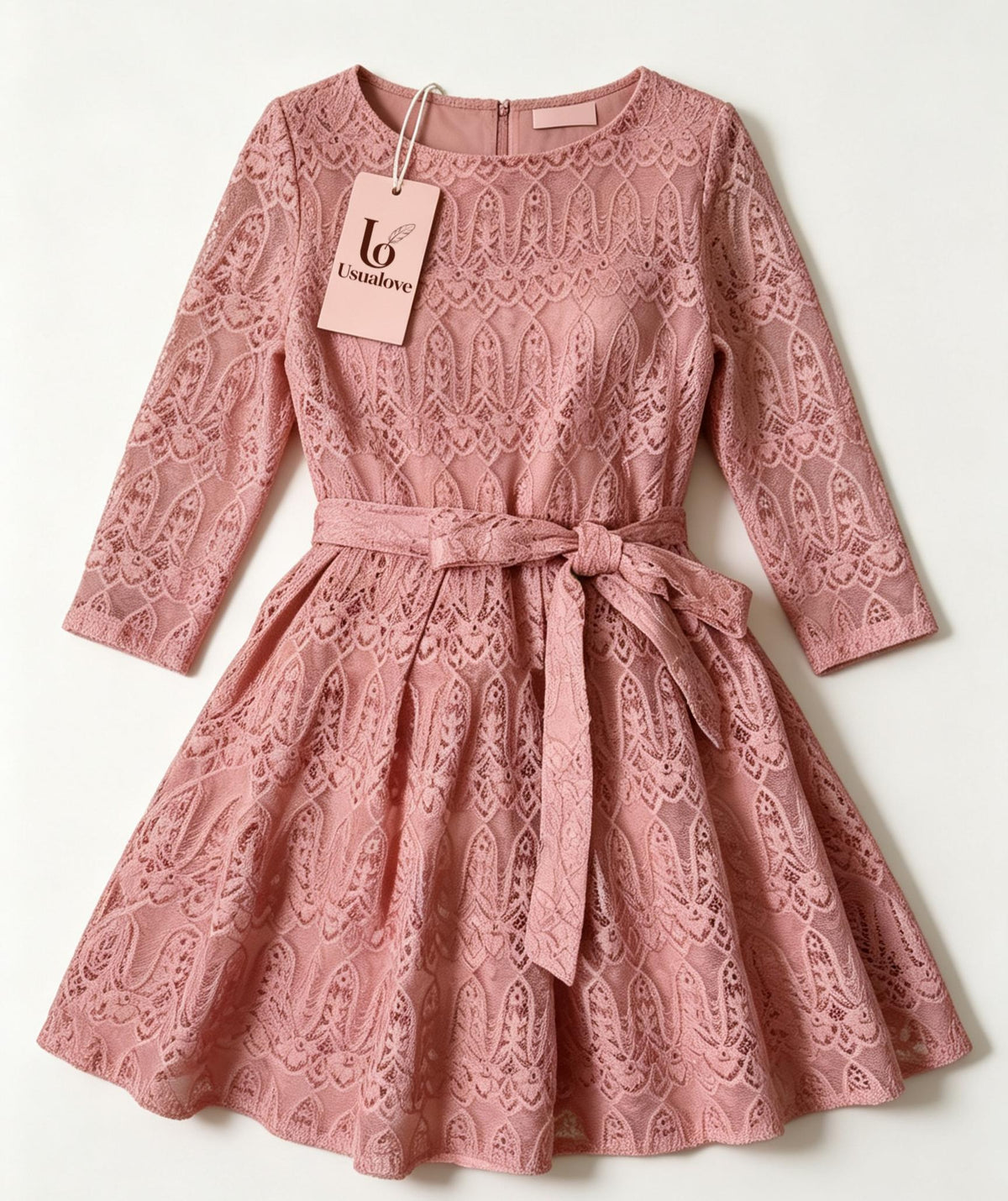 LO USUALOVE Women’s 3/4 Sleeve Lace Dress, Round Neck Tie Waist A Line Short Dress, Elegant Vintage Cocktail Party Guest Dress
