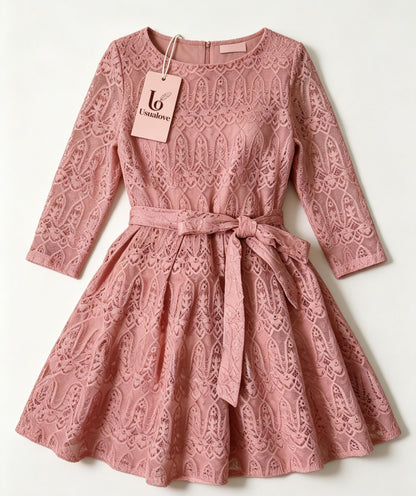 LO USUALOVE Women’s 3/4 Sleeve Lace Dress, Round Neck Tie Waist A Line Short Dress, Elegant Vintage Cocktail Party Guest Dress