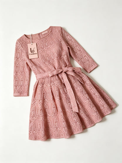 LO USUALOVE Women’s 3/4 Sleeve Lace Dress, Round Neck Tie Waist A Line Short Dress, Elegant Vintage Cocktail Party Guest Dress
