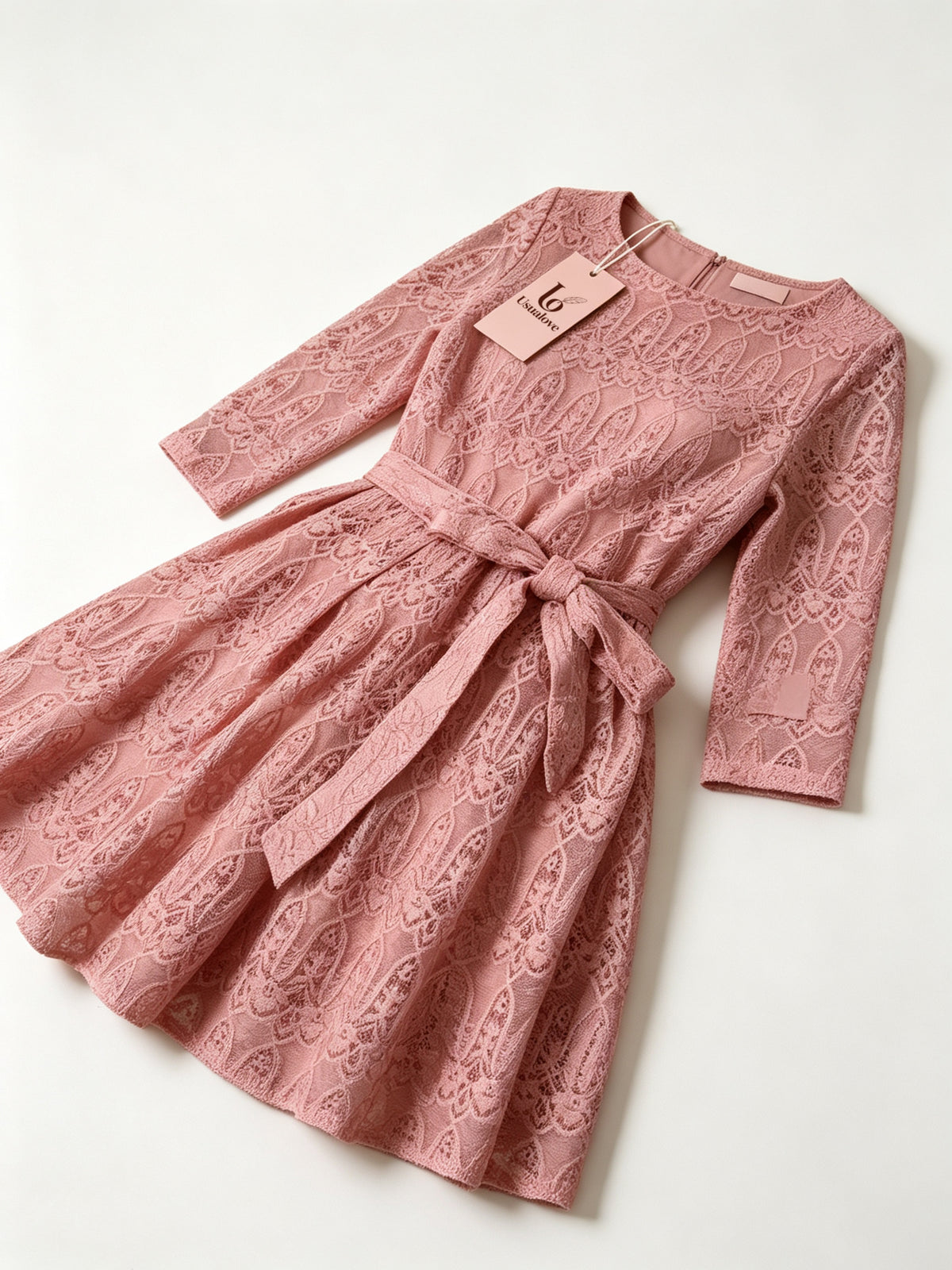 LO USUALOVE Women’s 3/4 Sleeve Lace Dress, Round Neck Tie Waist A Line Short Dress, Elegant Vintage Cocktail Party Guest Dress