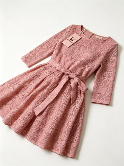 LO USUALOVE Women’s 3/4 Sleeve Lace Dress, Round Neck Tie Waist A Line Short Dress, Elegant Vintage Cocktail Party Guest Dress