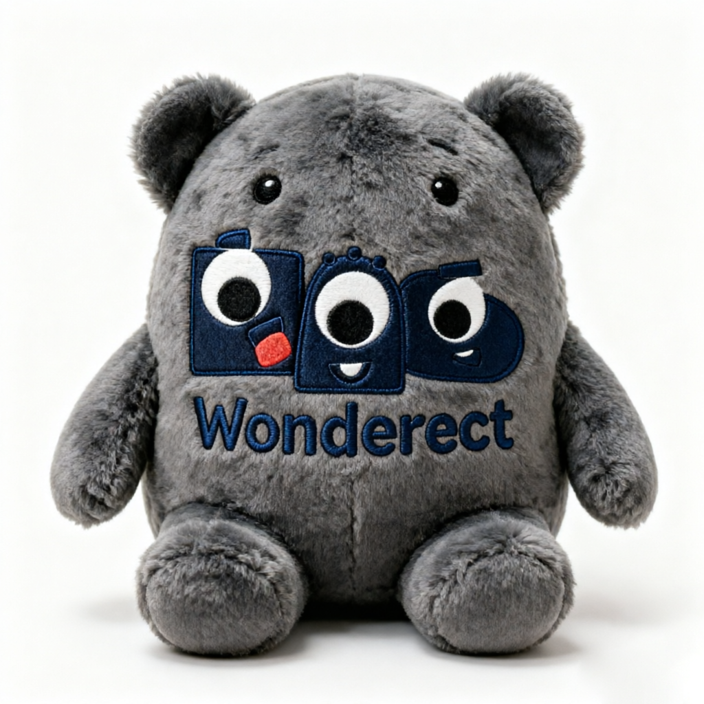 Wonderect  Cute Gray Plush Toy, Soft Stuffed Animal with Embroidered Monster Logo, Cuddly Plush Pillow for Kids, Decorative Plushie for Home