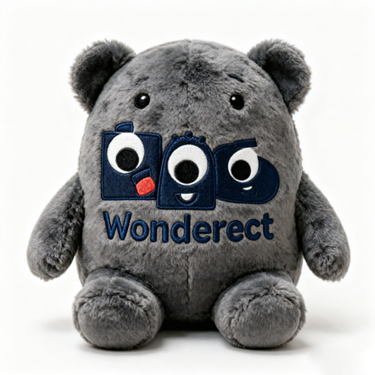 Wonderect  Cute Gray Plush Toy, Soft Stuffed Animal with Embroidered Monster Logo, Cuddly Plush Pillow for Kids, Decorative Plushie for Home