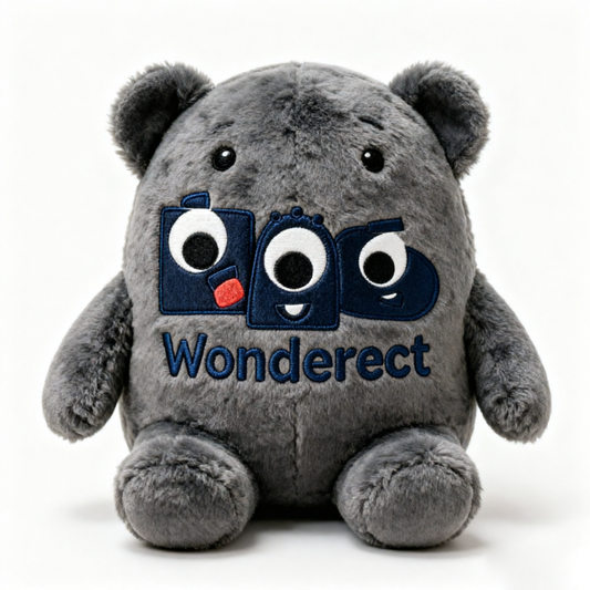 Wonderect  Cute Gray Plush Toy, Soft Stuffed Animal with Embroidered Monster Logo, Cuddly Plush Pillow for Kids, Decorative Plushie for Home