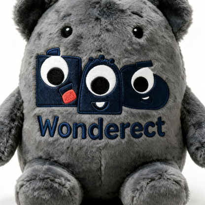 Wonderect  Cute Gray Plush Toy, Soft Stuffed Animal with Embroidered Monster Logo, Cuddly Plush Pillow for Kids, Decorative Plushie for Home