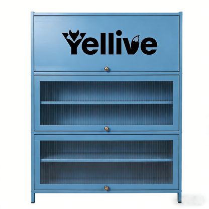 Yellive 3-Tier Fluted Glass Flip Shoe Cabinet, Large Capacity Dustproof Shoe Rack, Entryway Storage Cabinet, Blue Modern Freestanding Shoe Organizer